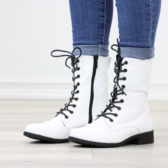 White Synthetic Leather Low Heel Round Toe Above Ankle Combat Boots - Picture 11 of 13